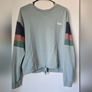 Casual Blue Sweatshirt with Colorful Stripes